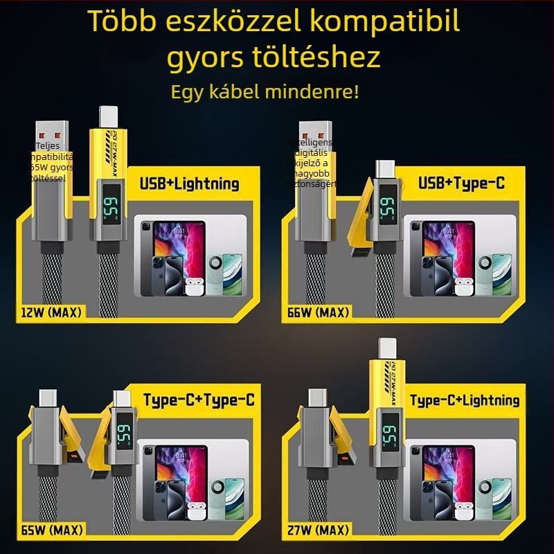 Négy az egyben adatkábel digitális kijelzővel iPhone és Huawei Mate70-höz, Lightning és USB-C, 100W PD gyors töltés, cink ötvözet
