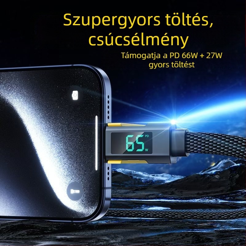 Négy az egyben adatkábel digitális kijelzővel iPhone és Huawei Mate70-höz, Lightning és USB-C, 100W PD gyors töltés, cink ötvözet