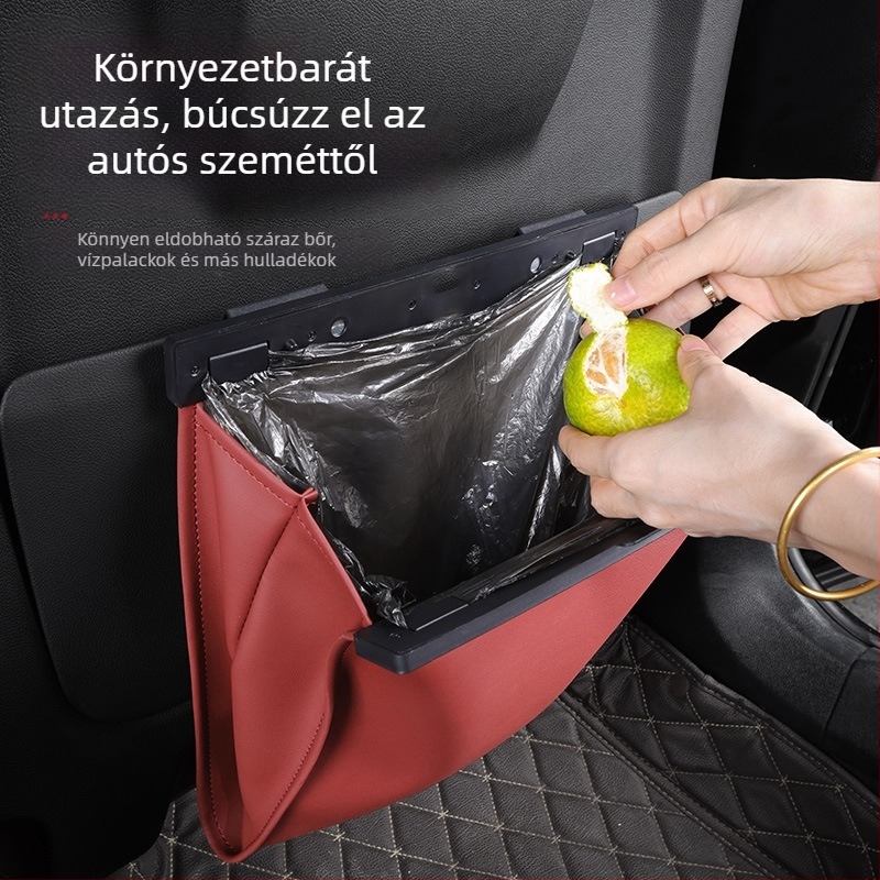 Autóhoz készült bőr szemeteszsák, akasztó a hátsó ülés támlájához, mágneses rögzítés, vízálló, testre szabható, univerzális illeszkedés