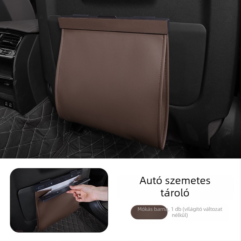 Autóhoz készült bőr szemeteszsák, akasztó a hátsó ülés támlájához, mágneses rögzítés, vízálló, testre szabható, univerzális illeszkedés