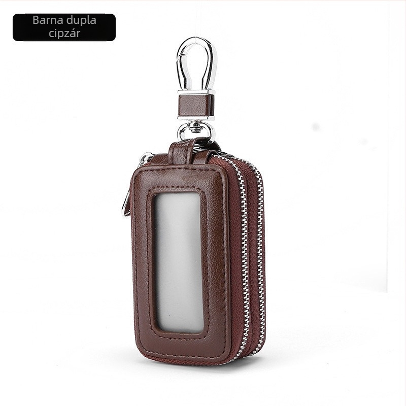 Kulcstartó táska - PU bőr, dupla cipzár, nagy kapacitás, uniszex, lopás elleni védelem, belső bélés: valódi bőr