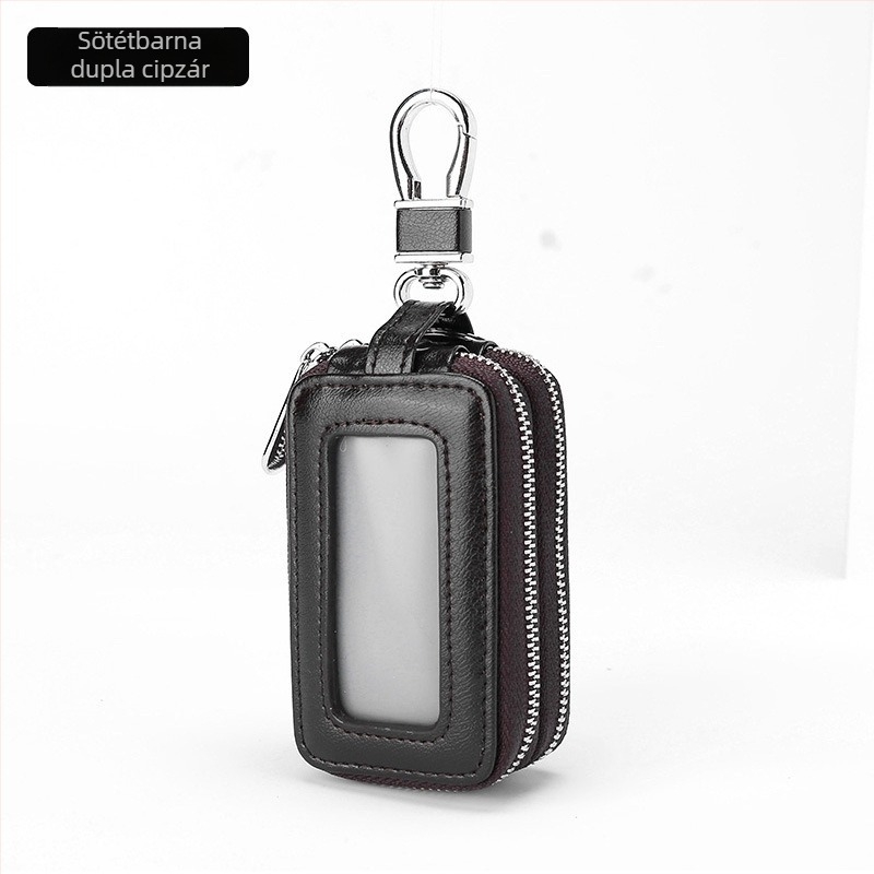 Kulcstartó táska - PU bőr, dupla cipzár, nagy kapacitás, uniszex, lopás elleni védelem, belső bélés: valódi bőr
