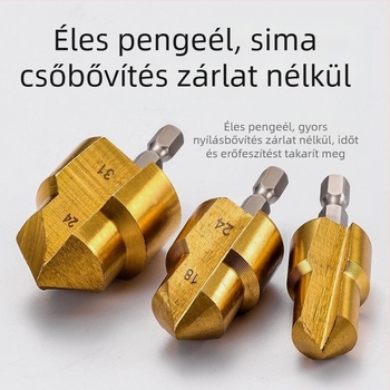Hátszögletű markolatú fúrólyuk-tágító PPR csövekhez, él- és szegélyformázó, lépcsőzetes fúróval (step drill) faanyaghoz