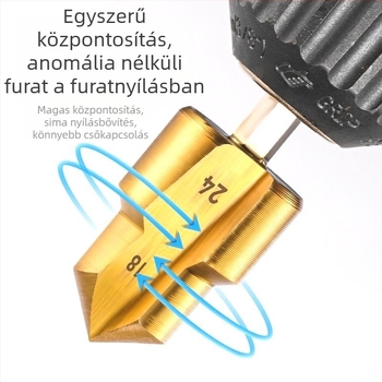 Hátszögletű markolatú fúrólyuk-tágító PPR csövekhez, él- és szegélyformázó, lépcsőzetes fúróval (step drill) faanyaghoz