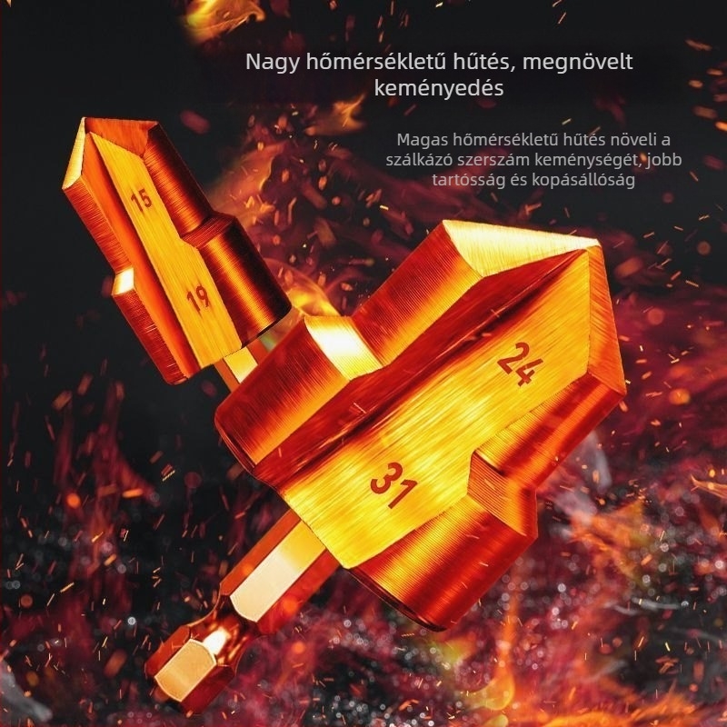 Hátszögletű markolatú fúrólyuk-tágító PPR csövekhez, él- és szegélyformázó, lépcsőzetes fúróval (step drill) faanyaghoz