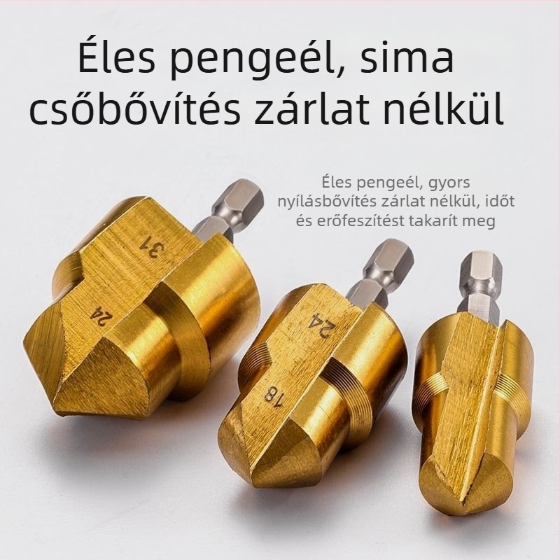 Hátszögletű markolatú fúrólyuk-tágító PPR csövekhez, él- és szegélyformázó, lépcsőzetes fúróval (step drill) faanyaghoz