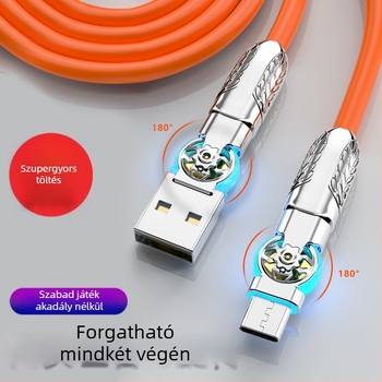 LED-es fényű forgó kábel, több interfésszel: Type-C / Lightning / Micro USB; szilikonból; gyors töltés; maximális teljesítmény 120