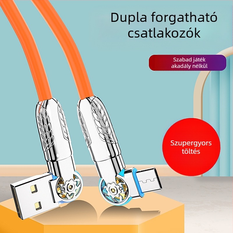 LED-es fényű forgó kábel, több interfésszel: Type-C / Lightning / Micro USB; szilikonból; gyors töltés; maximális teljesítmény 120
