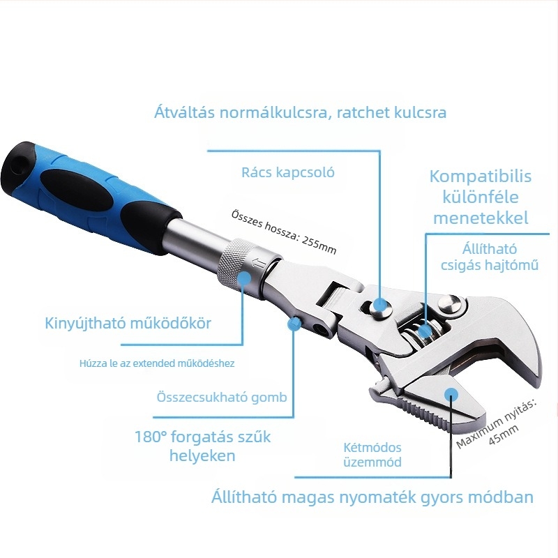 Összecsukható fejű állítható kulcs, kattogó mechanizmussal és teleszkópos működéssel | MF, 45# acél