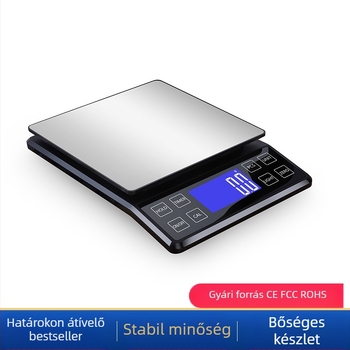 Rozsdamentes acélból készült konyhai digitális mérleg, 10 kg kapacitás, modell DH-307, elektronikus, USB-töltés és két AAA elem, többfunkciós.