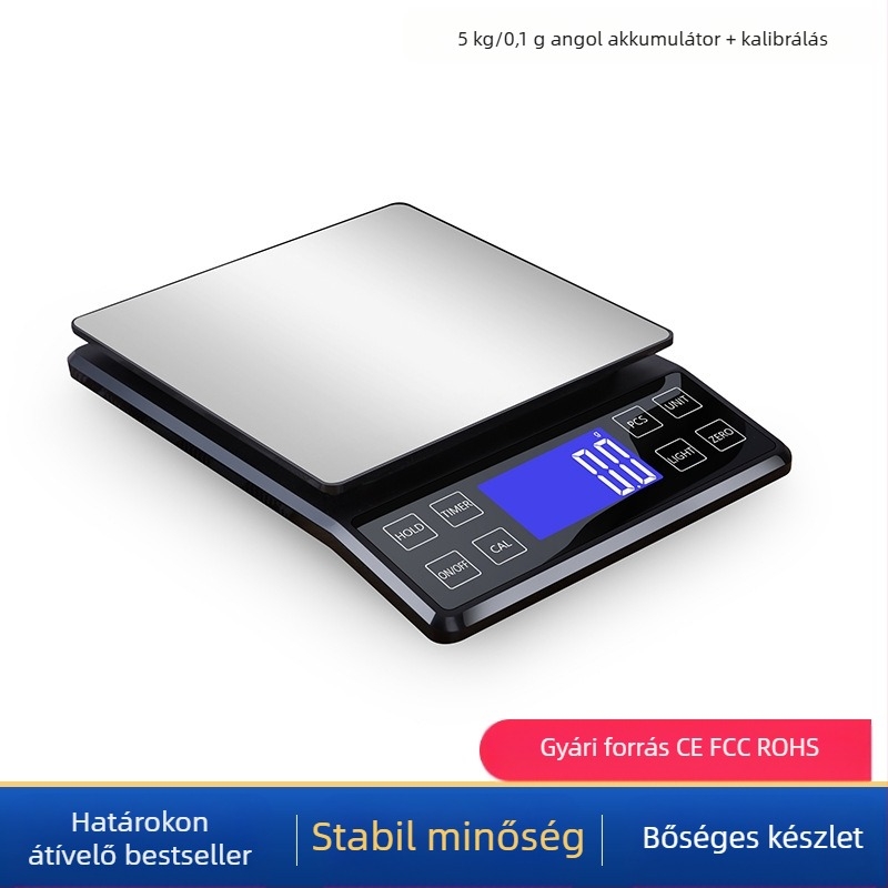 Rozsdamentes acélból készült konyhai digitális mérleg, 10 kg kapacitás, modell DH-307, elektronikus, USB-töltés és két AAA elem, többfunkciós.