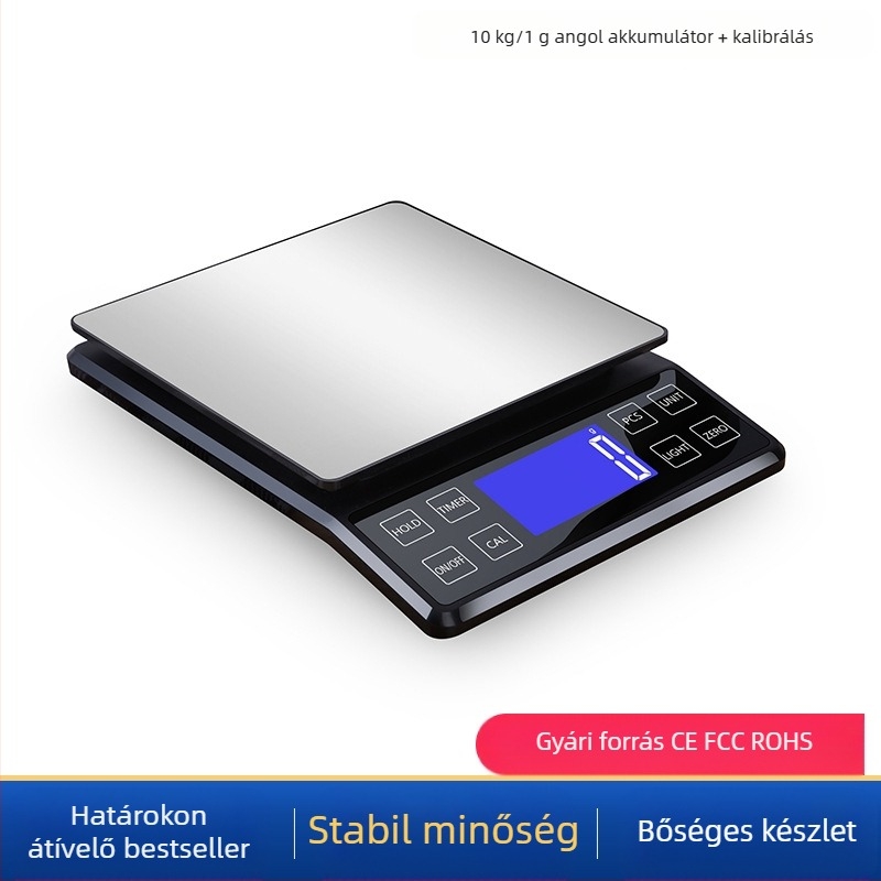 Rozsdamentes acélból készült konyhai digitális mérleg, 10 kg kapacitás, modell DH-307, elektronikus, USB-töltés és két AAA elem, többfunkciós.