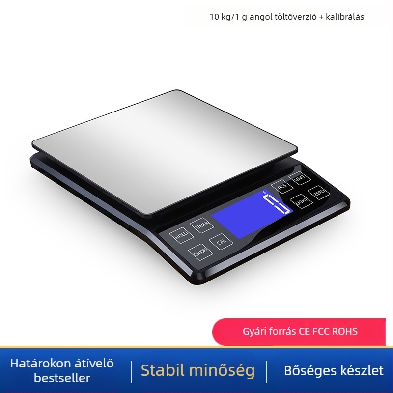 Rozsdamentes acélból készült konyhai digitális mérleg, 10 kg kapacitás, modell DH-307, elektronikus, USB-töltés és két AAA elem, többfunkciós.