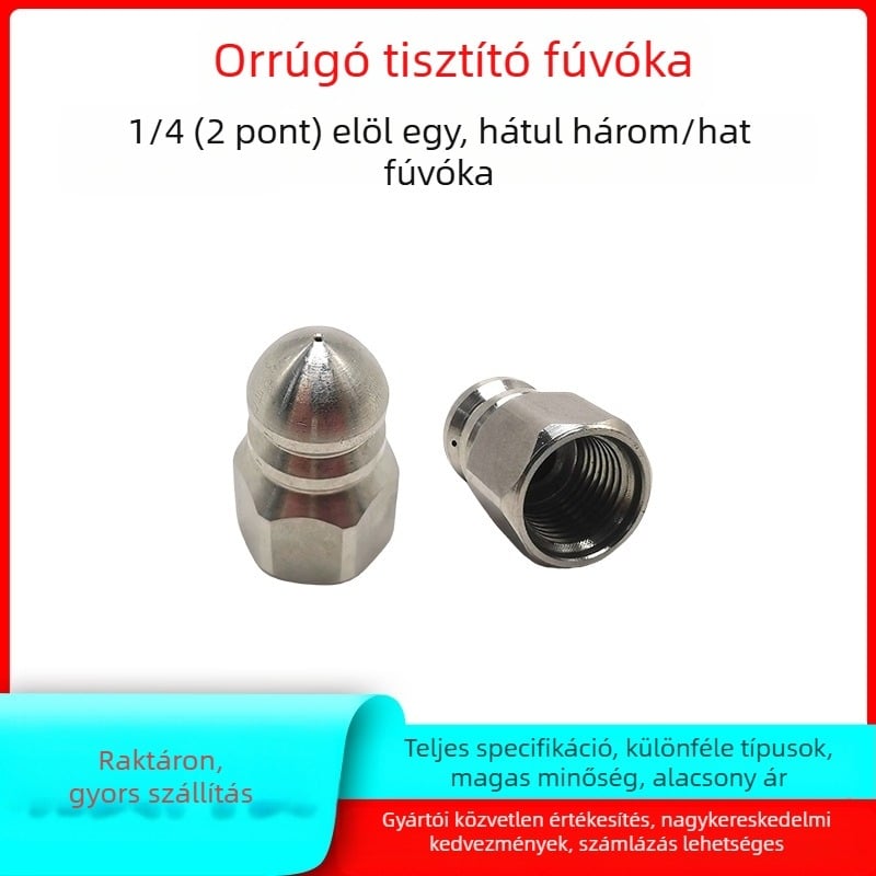 Rozsdamentes acélból készült csatornatisztító fúvóka belső menettel, hat lyukkal, hegyes öblítő fej