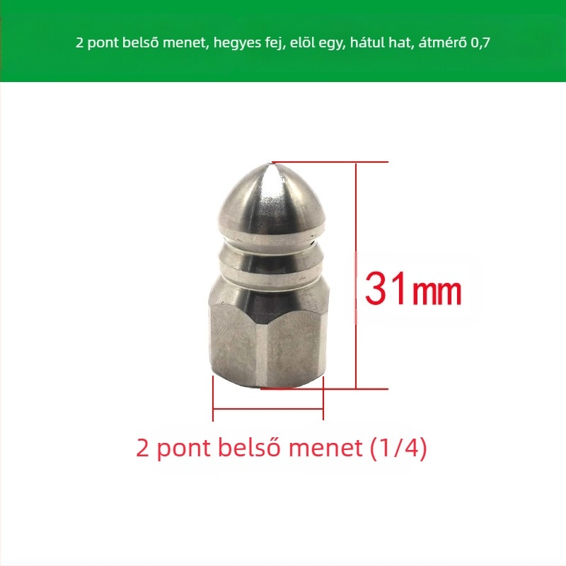 Rozsdamentes acélból készült csatornatisztító fúvóka belső menettel, hat lyukkal, hegyes öblítő fej