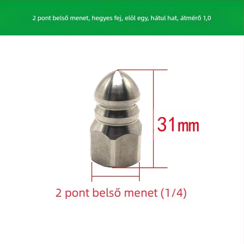 Rozsdamentes acélból készült csatornatisztító fúvóka belső menettel, hat lyukkal, hegyes öblítő fej
