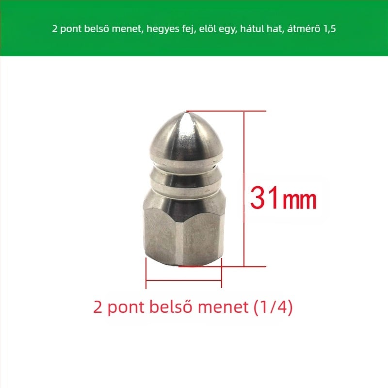 Rozsdamentes acélból készült csatornatisztító fúvóka belső menettel, hat lyukkal, hegyes öblítő fej