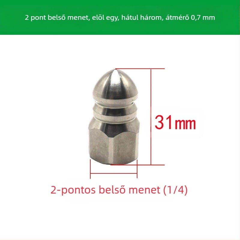 Rozsdamentes acélból készült csatornatisztító fúvóka belső menettel, hat lyukkal, hegyes öblítő fej