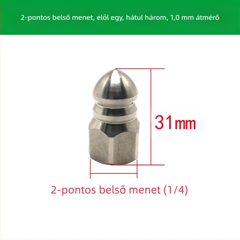 Rozsdamentes acélból készült csatornatisztító fúvóka belső menettel, hat lyukkal, hegyes öblítő fej