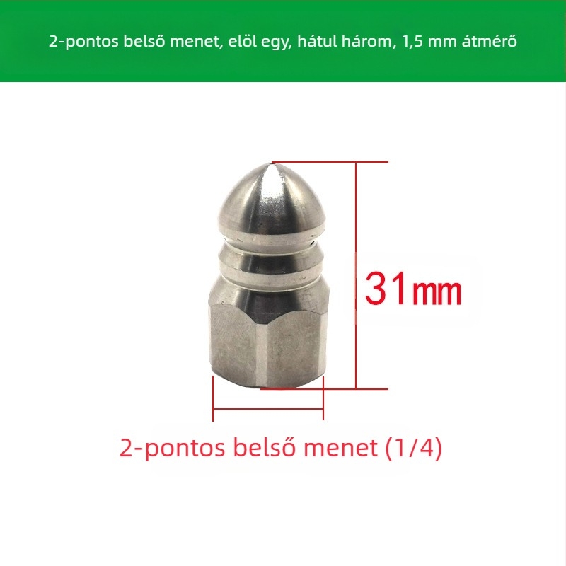 Rozsdamentes acélból készült csatornatisztító fúvóka belső menettel, hat lyukkal, hegyes öblítő fej