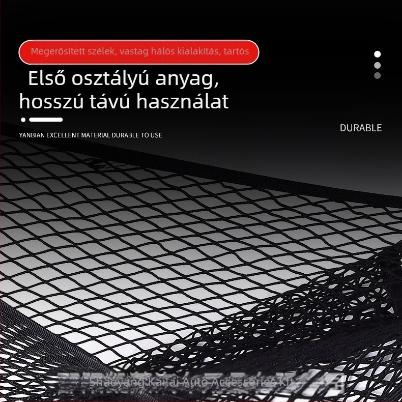 Autó csomagtartó háló tároló táska, textilből, akasztós használat, univerzális illeszkedés, testreszabható, logónyomás lehetséges