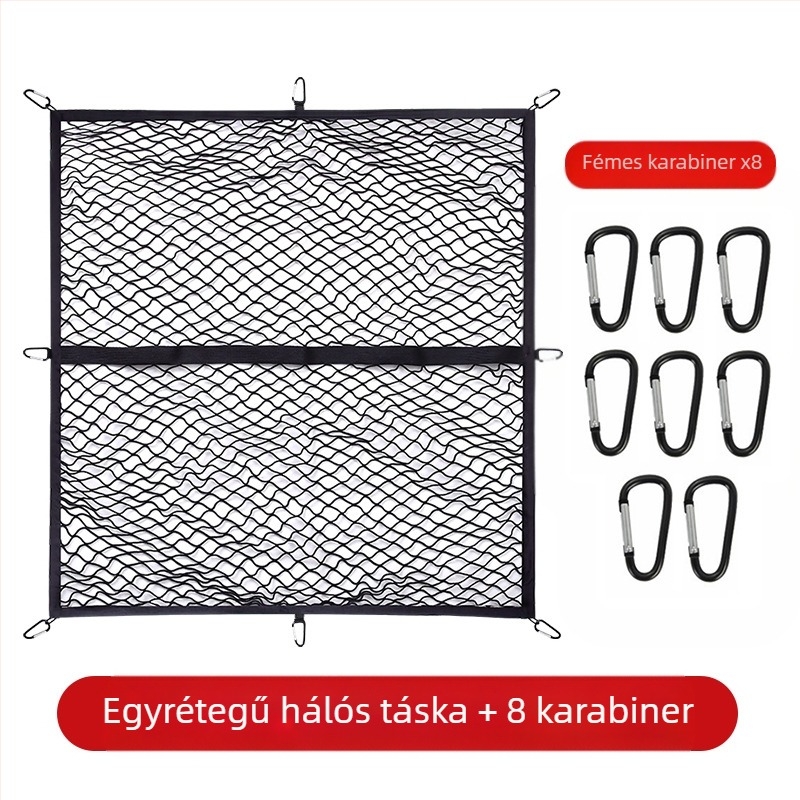 Autó csomagtartó háló tároló táska, textilből, akasztós használat, univerzális illeszkedés, testreszabható, logónyomás lehetséges