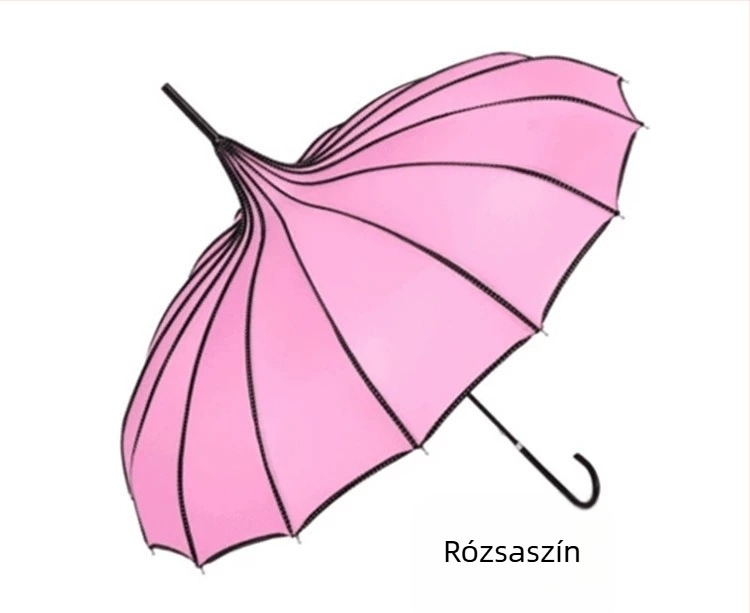 Pagoda-stílusú esernyő, 16 acél bordával, hosszú egyenes nyél, kézi nyitás-zárás, 190T anyagú szövet