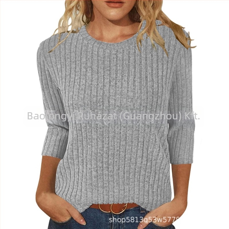 Női póló kerek nyakkal, 3/4-es ujjú, egyszínű, kefés felülettel, laza szabás