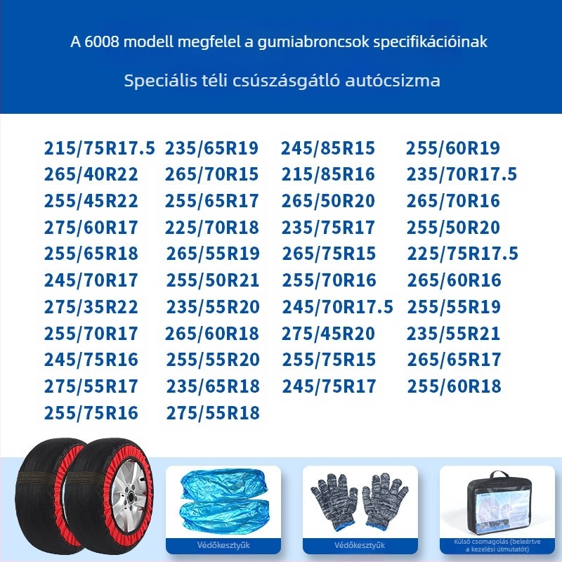 Peace and Peace téli gumi zoknik — csúszásmentes textil, testreszabható speciális autókhoz, súly 1–1,5 kg