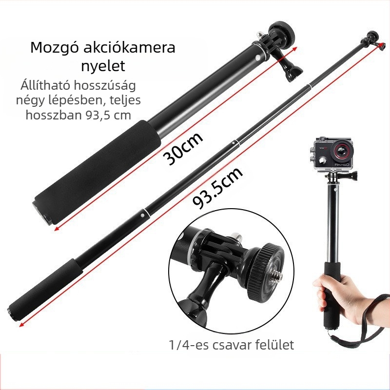 Selfie pálca, 4 részes, alumíniumötvözet, excentrikus cső hosszabbító, 1/4 hüvelykes kamera csatlakozáshoz, maximális teherbírás 2 kg