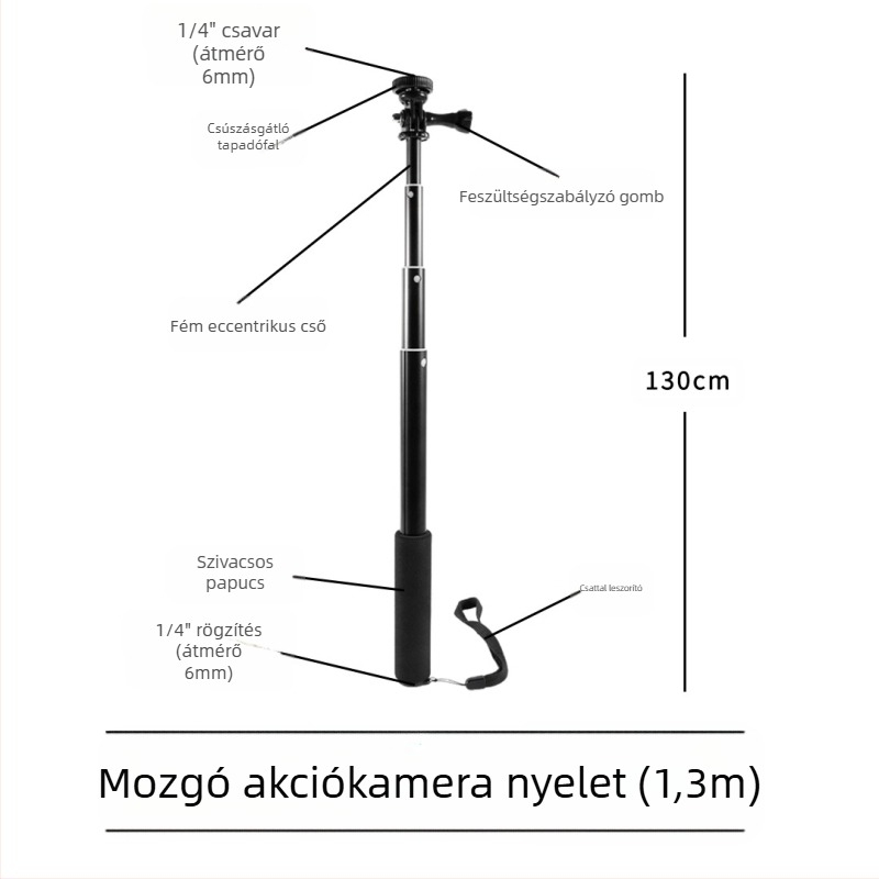 Selfie pálca, 4 részes, alumíniumötvözet, excentrikus cső hosszabbító, 1/4 hüvelykes kamera csatlakozáshoz, maximális teherbírás 2 kg