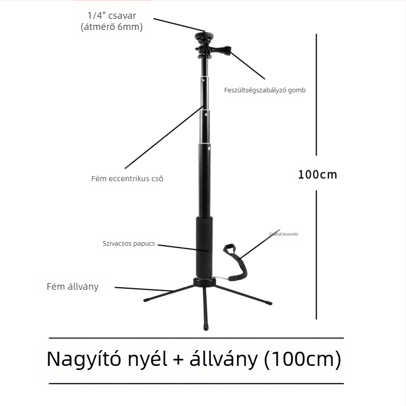 Selfie pálca, 4 részes, alumíniumötvözet, excentrikus cső hosszabbító, 1/4 hüvelykes kamera csatlakozáshoz, maximális teherbírás 2 kg