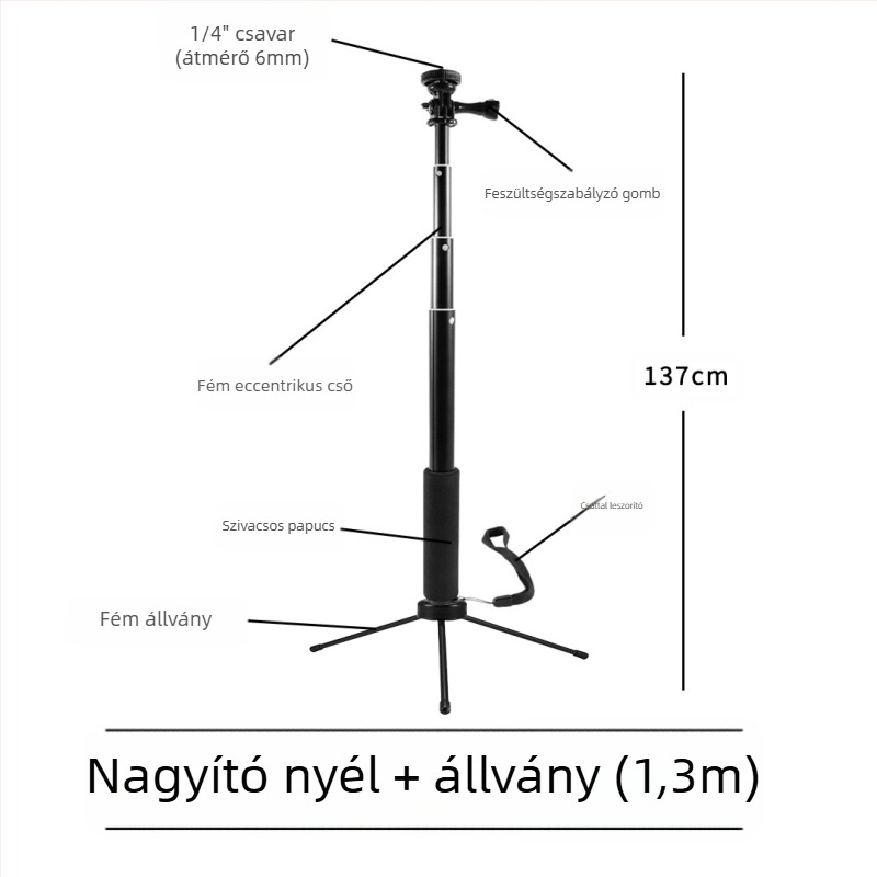 Selfie pálca, 4 részes, alumíniumötvözet, excentrikus cső hosszabbító, 1/4 hüvelykes kamera csatlakozáshoz, maximális teherbírás 2 kg