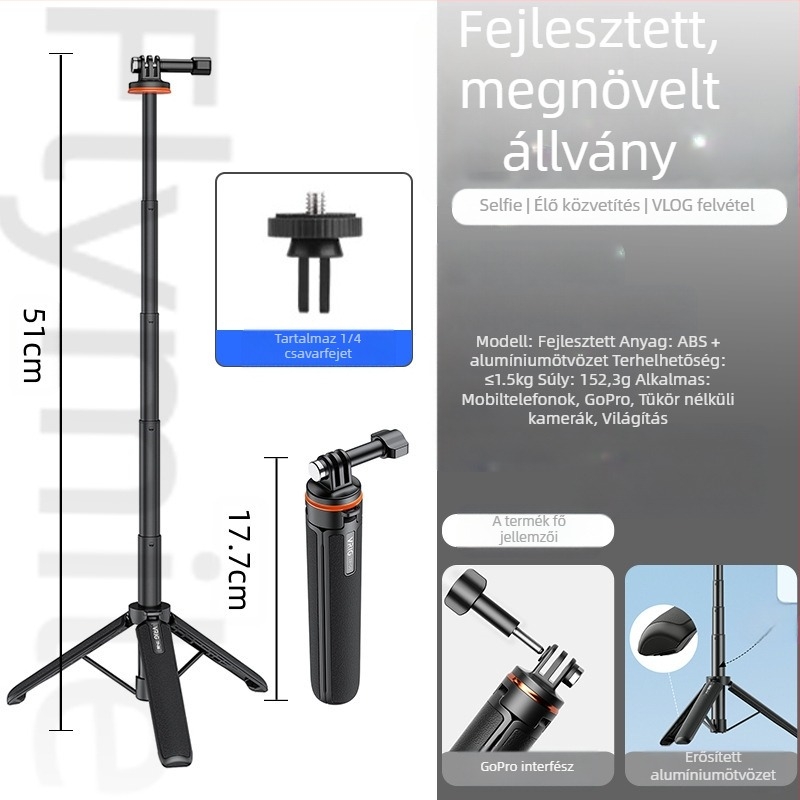 Action4/5 Pro-kompatibil kézi selfie stick-tripod tartó sportkamerához, Pocket 3 bővítés, terhelés 1 kg, 3 szakasz