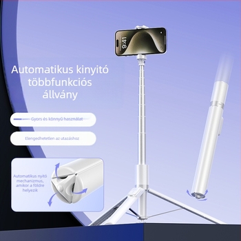 Bluetooth-szelfi pálca automatikus kinyílással, alumínium kivitelű, kihajtható, telefontartó, állvány élő közvetítéshez