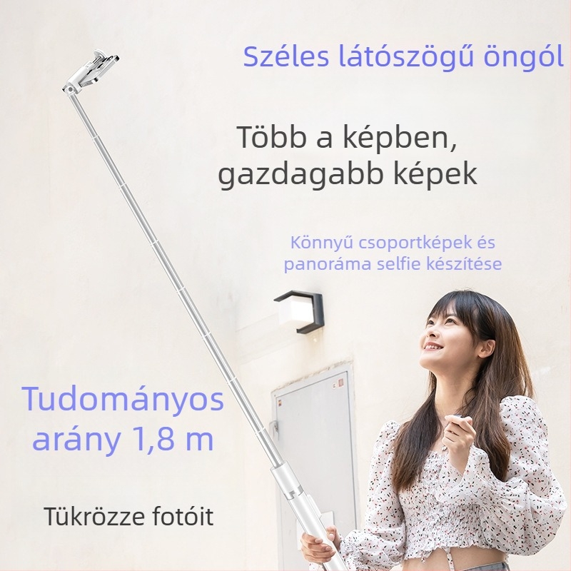 Bluetooth-szelfi pálca automatikus kinyílással, alumínium kivitelű, kihajtható, telefontartó, állvány élő közvetítéshez