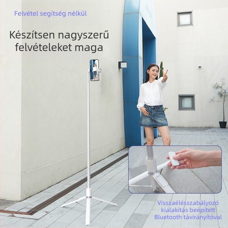 Bluetooth-szelfi pálca automatikus kinyílással, alumínium kivitelű, kihajtható, telefontartó, állvány élő közvetítéshez