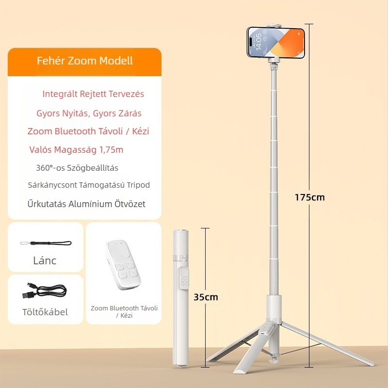 Bluetooth-szelfi pálca automatikus kinyílással, alumínium kivitelű, kihajtható, telefontartó, állvány élő közvetítéshez