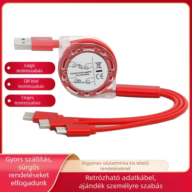 Három az egyben kihúzható autós töltőkábel USB-C, Lightning, Micro USB és Mini USB interfészekkel, 12W kimenet, átlátszó TPE burkolat