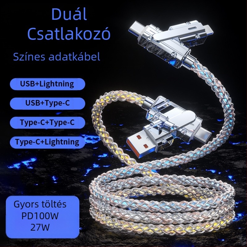 Adatkábél csillagfényes égbolt dizájnnal, 100W gyorstöltés, kettős ág (két–két), Mini USB, Lightning, Type-C