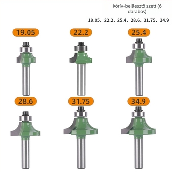 Ívelt sarkokhoz és élzáráshoz készlet frez (8 markolat, 6 darab) | fej ötvözet | márka Xin Edge Da | kategória: maró | gravíró gépekkel kompatibilis | megmunkálási tartomány: fa / MDF / laminált lemezek