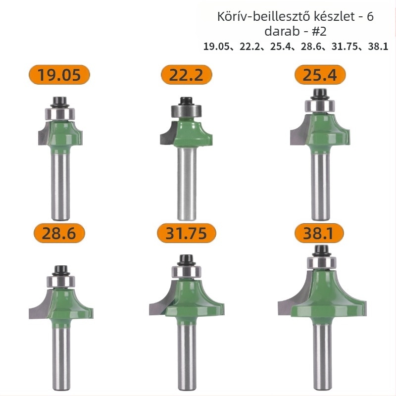 Ívelt sarkokhoz és élzáráshoz készlet frez (8 markolat, 6 darab) | fej ötvözet | márka Xin Edge Da | kategória: maró | gravíró gépekkel kompatibilis | megmunkálási tartomány: fa / MDF / laminált lemezek