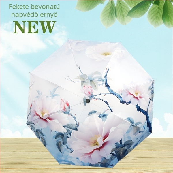 Digitális nyomtatású esernyő, UPF >40 napvédelmi faktor, 8 küllős vasváz, 190T anyagú ütésálló vászon, manuális nyitás-zárás, műanyag nyél