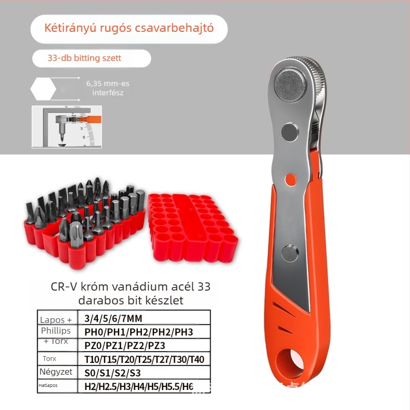 Eagle Shield reverzibilis racsnis csavarhúzó készlet könyökös fejjel és jobb-bal szögű bitekkel — szénacél, 0,6 kg, Készlet: Igen, Mágneses: Nem, Szigetelt: Nem