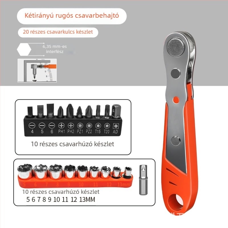 Eagle Shield reverzibilis racsnis csavarhúzó készlet könyökös fejjel és jobb-bal szögű bitekkel — szénacél, 0,6 kg, Készlet: Igen, Mágneses: Nem, Szigetelt: Nem