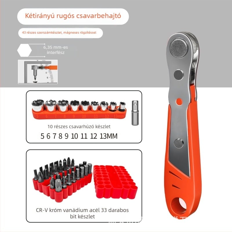 Eagle Shield reverzibilis racsnis csavarhúzó készlet könyökös fejjel és jobb-bal szögű bitekkel — szénacél, 0,6 kg, Készlet: Igen, Mágneses: Nem, Szigetelt: Nem
