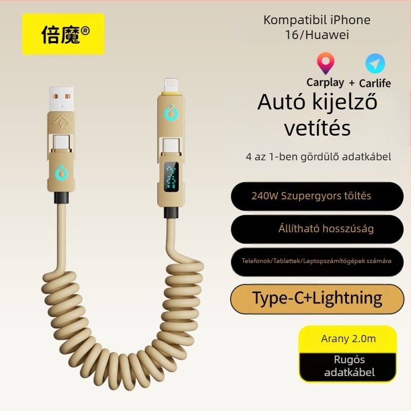 Double Demon 240W USB-C 4 az 1-ben digitális kijelzővel, gyors töltőkábel