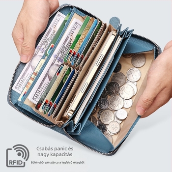 Női hosszú bőr cipzáros clutch pénztárca, lychee-grain felülettel, első réteg tehenek bőre, poliészter bélés, városi letisztult stílus, 2022 ősz