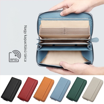 Női hosszú bőr cipzáros clutch pénztárca, lychee-grain felülettel, első réteg tehenek bőre, poliészter bélés, városi letisztult stílus, 2022 ősz