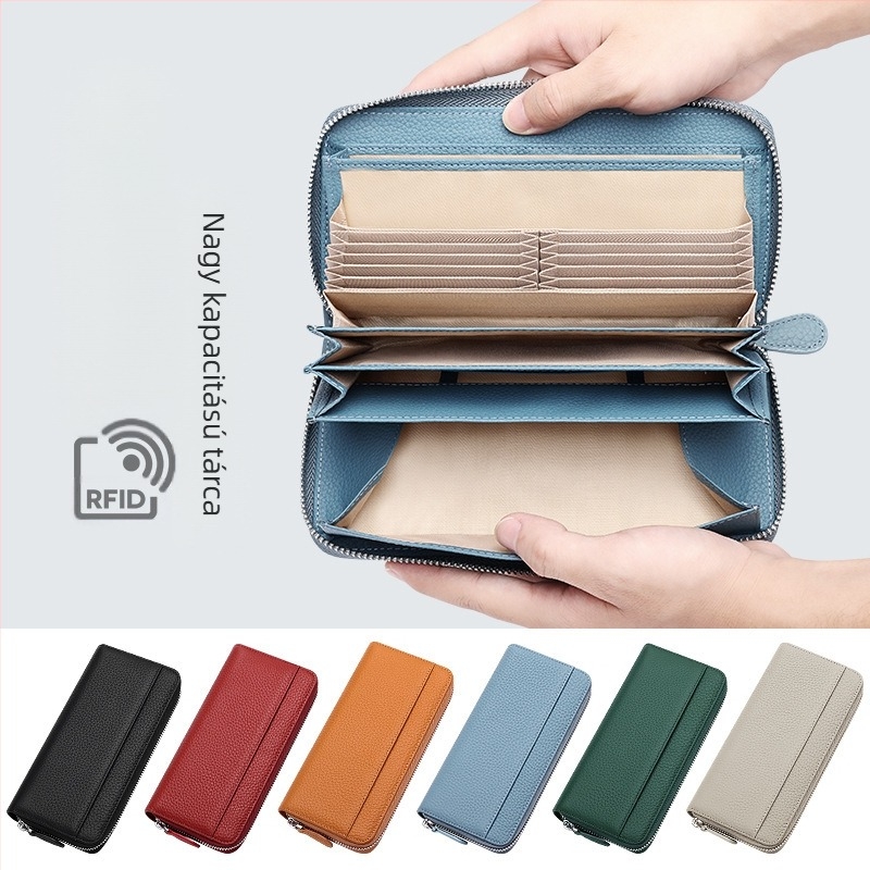 Női hosszú bőr cipzáros clutch pénztárca, lychee-grain felülettel, első réteg tehenek bőre, poliészter bélés, városi letisztult stílus, 2022 ősz